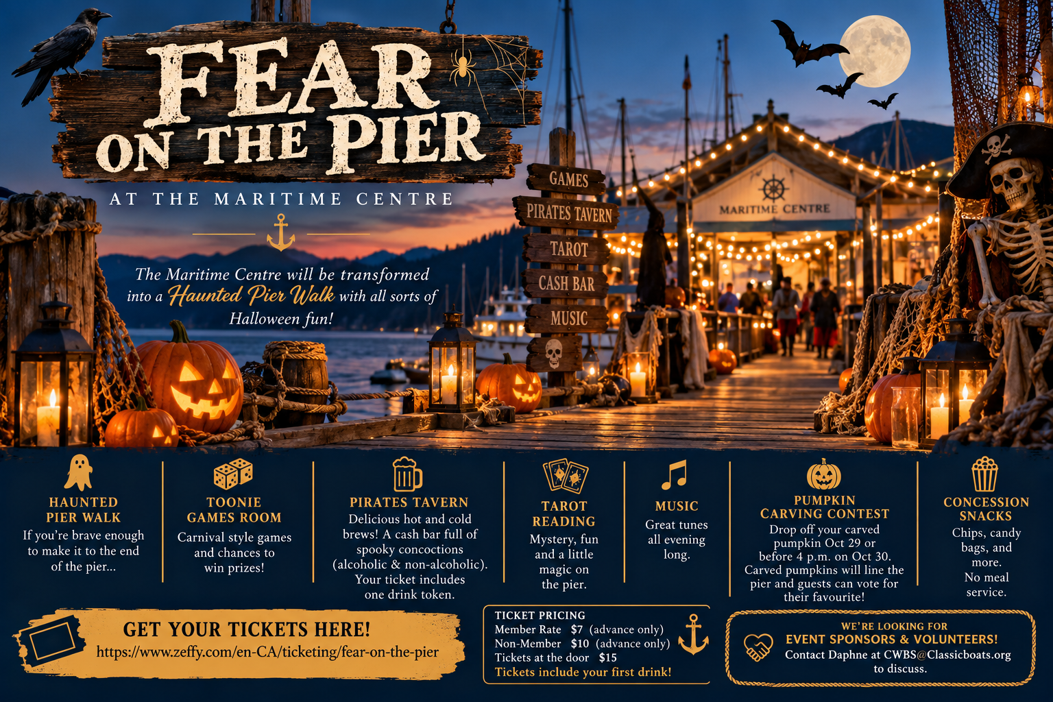 Fear on the Pier Halloween event at the Maritime Centre, featuring a haunted waterfront pier with pumpkins, pirate décor, games, tarot readings and the Pirates Tavern.