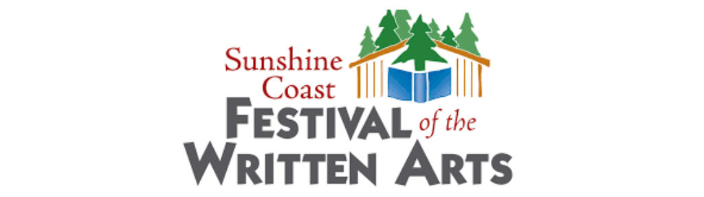 Festival of the Written Arts logo featuring an open book, evergreen trees, and a winding path in a bold, colorful design.