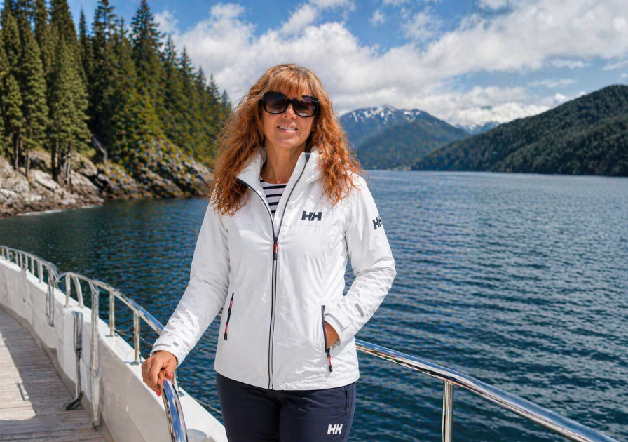 Woman on boat near scenic mountains