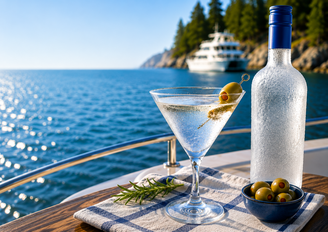 Martini with olives by the water