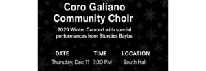 Coro Galiano Winter Concert logo with white text, date, time, location, and gray snowflakes on black starry background.