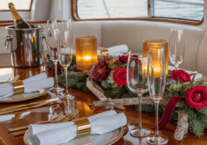 a beautiful holiday themed table on a yacht