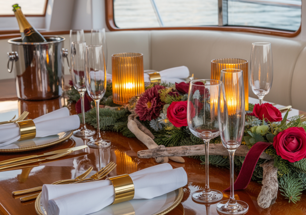 a beautiful holiday themed table on a yacht
