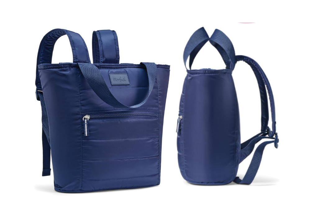 a blue womens cooler bag with handles and a backpack