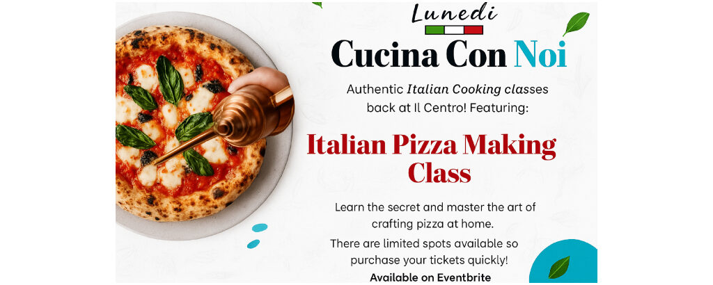 Italian Pizza Making Class at Il Centro logo with red pizza slice, green basil, and white text on black background.