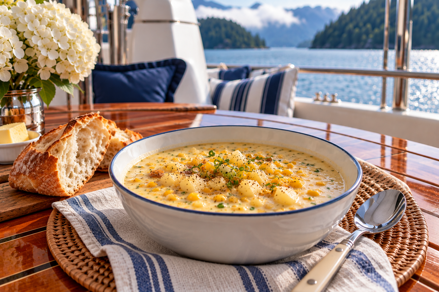 Creamy slow cooker corn chowder with sweet corn, potatoes and fresh herbs, served with crusty bread on a yacht’s teak table overlooking British Columbia’s coastal waters.