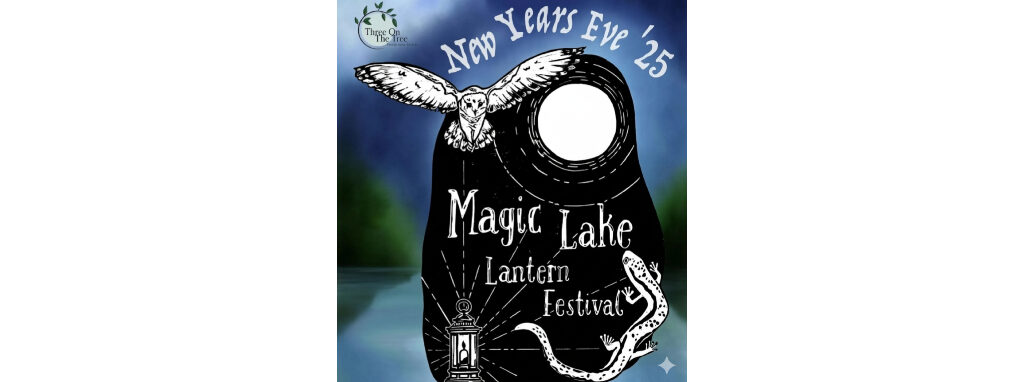 Magic Lake Lantern Festival 2025 logo with flying owl, full moon, lantern, salamander, and starry lake on blue night sky background.