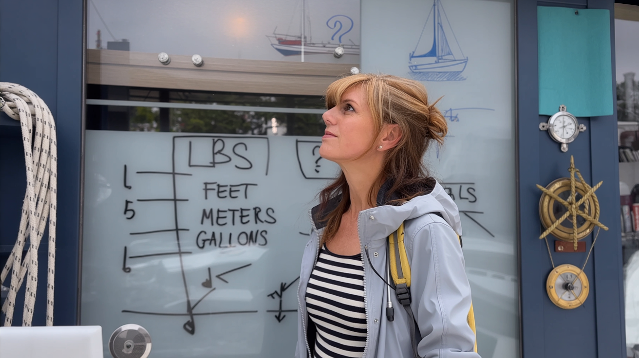 Woman in front of nautical drawings.