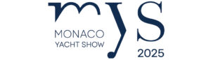 Monaco Yacht Show 2025 logo with stylized navy blue MYS initials and event name text on white background.
