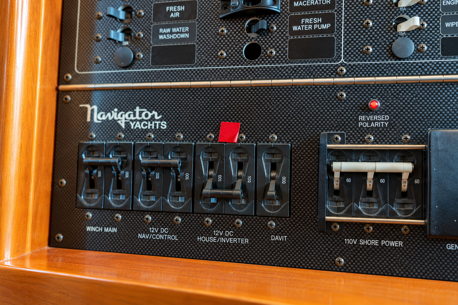 Navigator Yachts electrical panel showing the 12V DC house/inverter master breaker, navigation controls, davit and 110V shore power breakers.