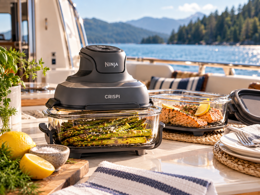 Ninja Crispi portable cooking system preparing vegetables and salmon aboard a boat with a Pacific Northwest coastal view.