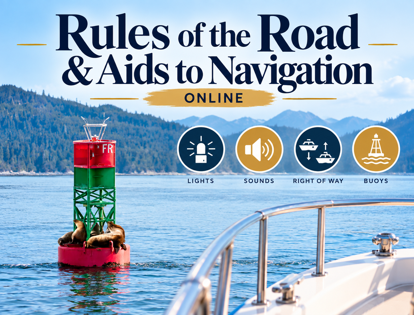 Red and green navigation buoy with sea lions in Pacific Northwest waters promoting an online Rules of the Road and Aids to Navigation boating class.