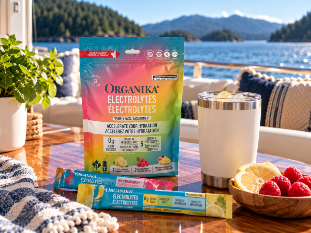 Organika single-serve electrolyte sachets with a water bottle aboard a powerboat in the Pacific Northwest.