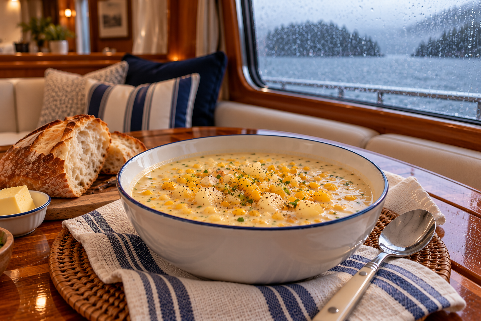 Creamy slow cooker corn chowder with sweet corn, potatoes and fresh herbs, served with crusty bread on a polished teak table inside a cozy yacht, overlooking a rainy Pacific Northwest anchorage.