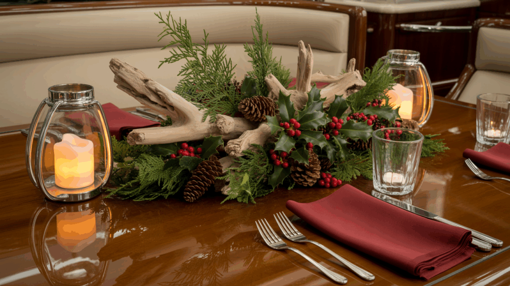 Setting a Holiday Table Afloat 4 Red Holly Table