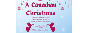 A Canadian Christmas 2025 logo with pink stars, ornaments, gifts, snowflakes, and angel trumpeters on light blue festive background.