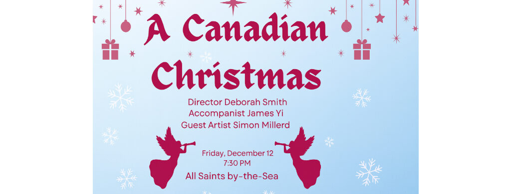 A Canadian Christmas 2025 logo with pink stars, ornaments, gifts, snowflakes, and angel trumpeters on light blue festive background.