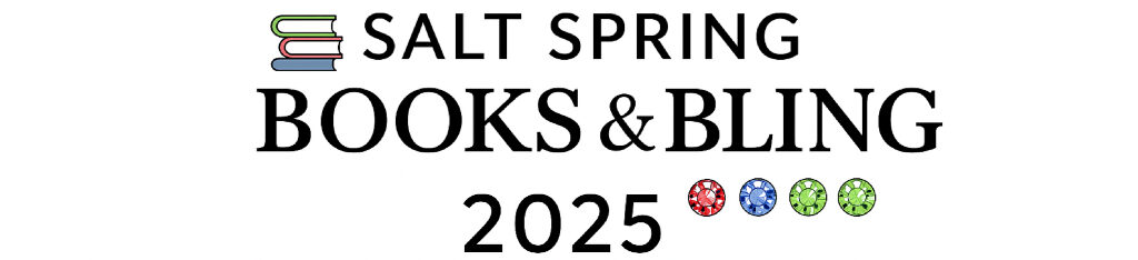 Salt Spring Books and Bling Sale 2025 logo with red book, sparkling jewelry, and black text on white background.
