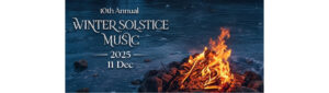 Salt Spring Winter Solstice Music 2025 logo with elegant white text and glowing campfire on snowy blue winter night background.