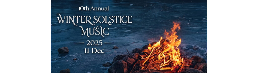 Salt Spring Winter Solstice Music 2025 logo with elegant white text and glowing campfire on snowy blue winter night background.