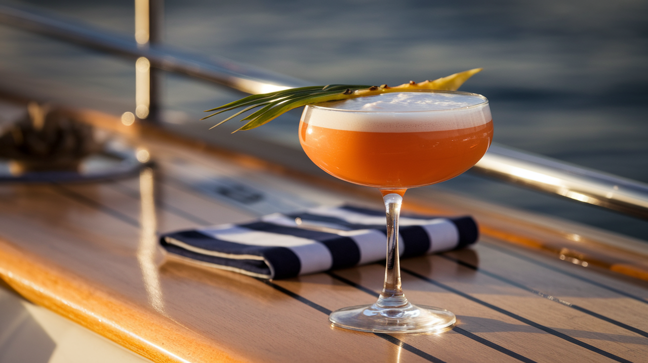 a cocktail glass with orange liquid and a leaf on top of it