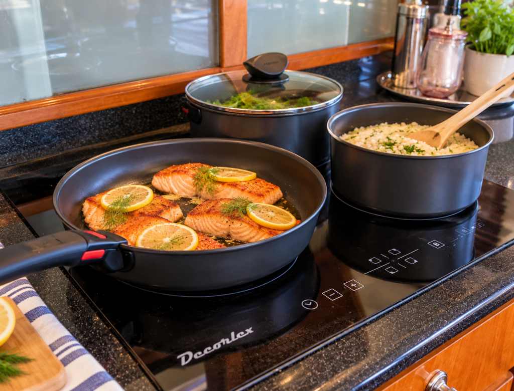 T-fal Ingenio induction-compatible stackable pots and pans with detachable handles arranged on a powerboat galley countertop.
