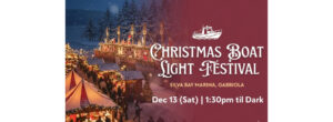 Silva Bay Christmas Boat Light Festival 2025 logo with illuminated boats, tents, and holiday lights on dark blue winter marina background.