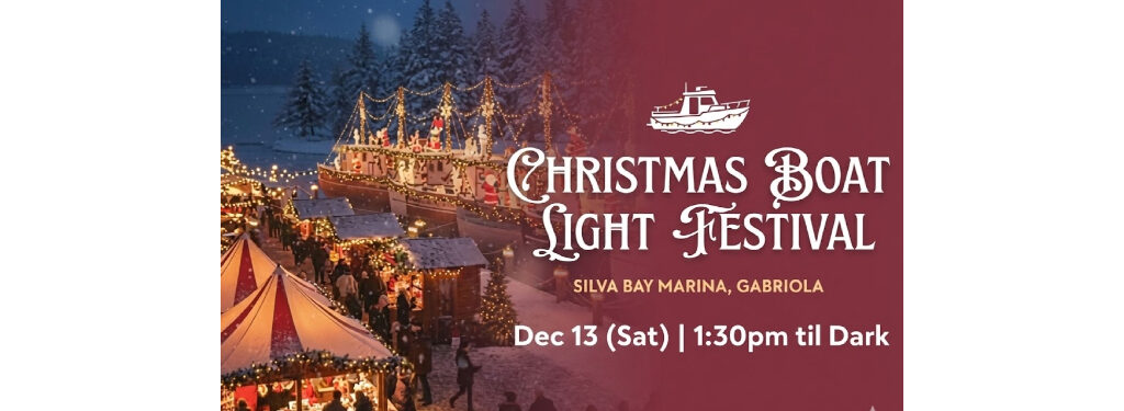 Silva Bay Christmas Boat Light Festival 2025 logo with illuminated boats, tents, and holiday lights on dark blue winter marina background.