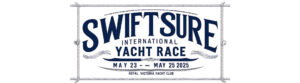 Swiftsure International Yacht Race 2025 logo featuring nautical rope border and bold navy lettering.