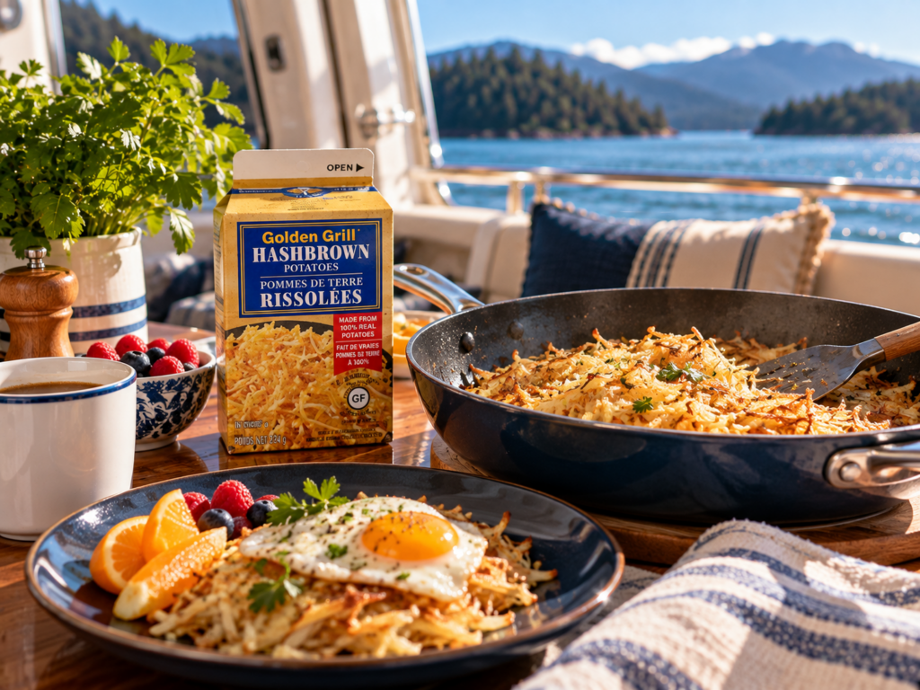 Golden Grill shelf-stable hash brown potatoes served for breakfast aboard a powerboat in the Pacific Northwest.