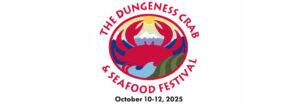 Dungeness Crab Festival 2025 logo with red crab, sunset mountain, waves, and green hills on Port Angeles waterfront.