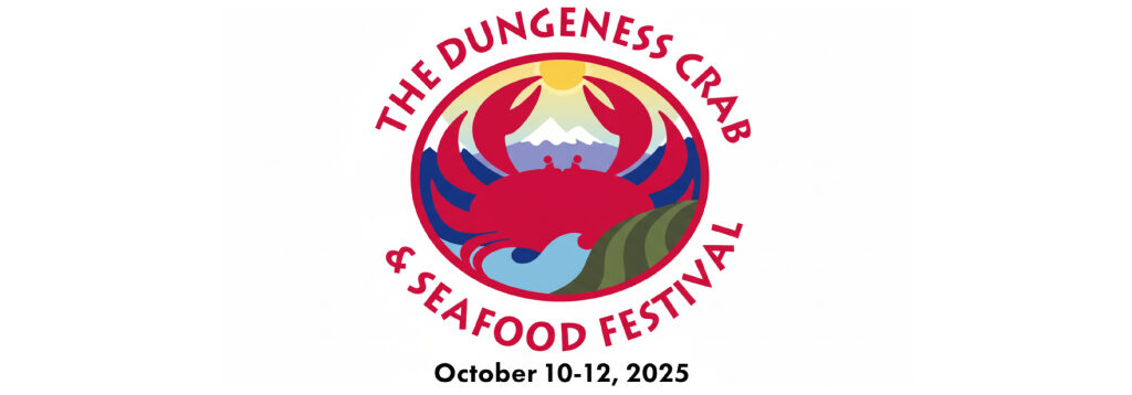Dungeness Crab Festival 2025 logo with red crab, sunset mountain, waves, and green hills on Port Angeles waterfront.