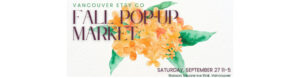 Vancouver Etsy Co Fall Pop Up Market 2025 logo with watercolor orange flowers, event details September 27 11-5 at Robson Square Ice Rink Vancouver.