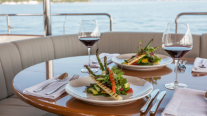 Elegant meal with wine on yacht