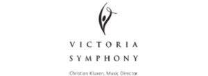 Victoria Symphony Splash logo in black and white with abstract music note figure and text identifying Christian Kluxen as music director.