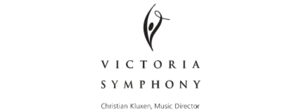 Victoria Symphony Splash logo in black and white with abstract music note figure and text identifying Christian Kluxen as music director.