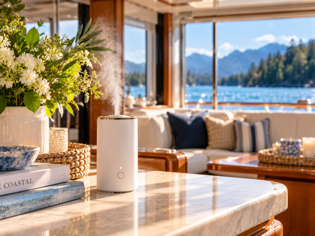 Cordless waterless essential oil diffuser in the salon of a powerboat overlooking the Pacific Northwest coast.