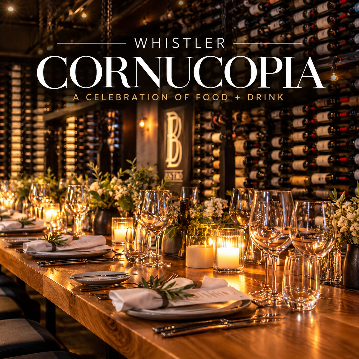 Whistler Cornucopia food and drink event featuring an elegant candlelit dining table surrounded by wine displays in an intimate indoor setting.