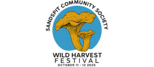 Sandspit Wild Harvest Festival 2025 logo with orange mushrooms in blue circle, community society emblem, and dates.