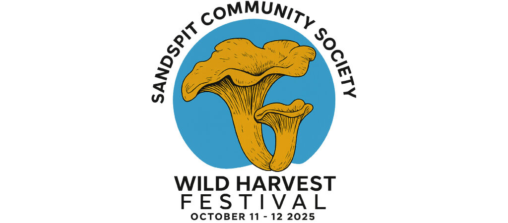 Wild Harvest Festival 1 Sandspit Wild Harvest Festival 2025 logo with orange mushrooms in blue circle, community society emblem, and dates.