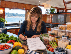 Missy organizing groceries and reviewing her boat provisioning checklist in the galley of her Navigator yacht, surrounded by fresh produce and pantry supplies.