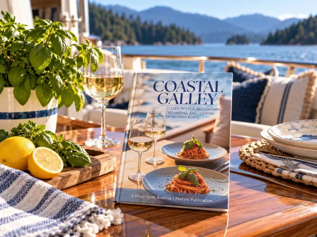 Coastal Galley book displayed on a teak table aboard a boat overlooking the Pacific Northwest coast