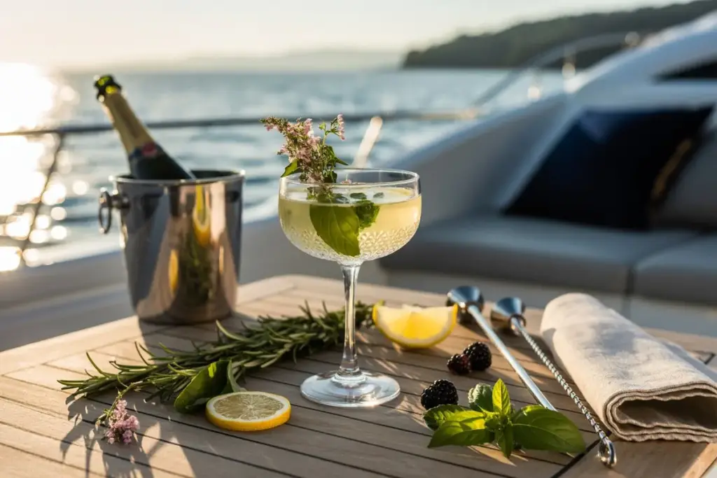 An elegant floral docktail in a coupe glass on a sunlit boat deck