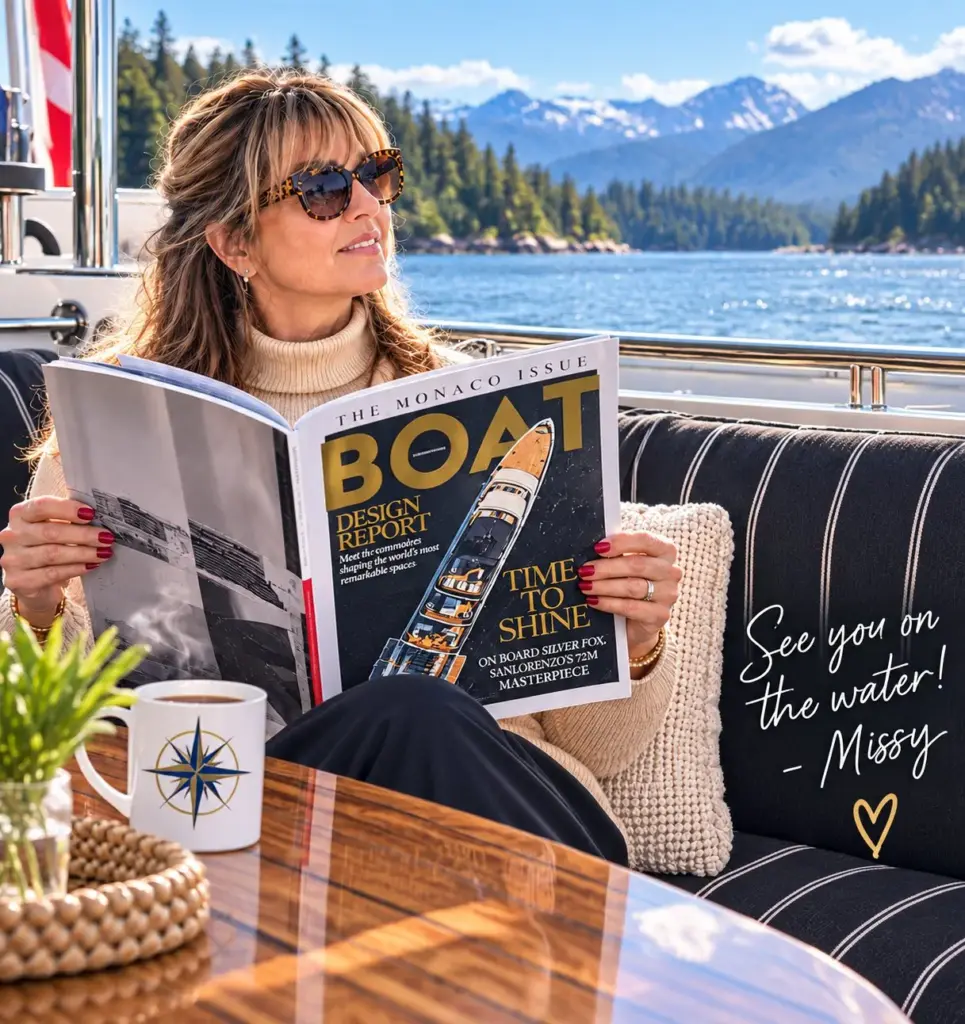 Missy aboard a Pacific Northwest powerboat reading a boating magazine