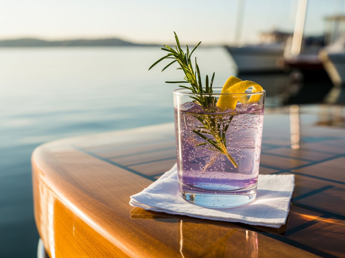 Purple cocktail with rosemary garnish
